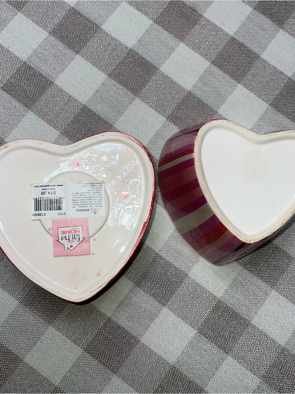 Striped Pink Heart Ceramic Wax Warmer / Planter / Fondue Pot - Pink